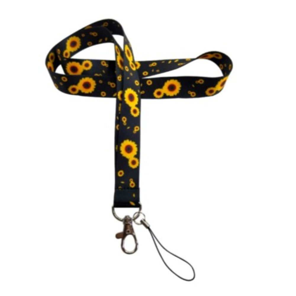 Sunflower Lanyard  Phone ID Holder Black with Golden Yellow Flowers